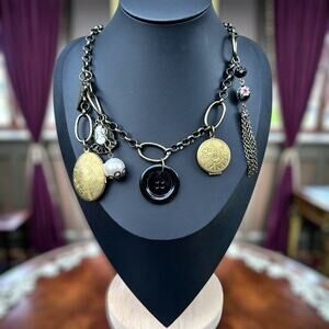 Perch Locket Charm Necklace Cameo Cloisonne Antique Brass Gothic Victorian Style